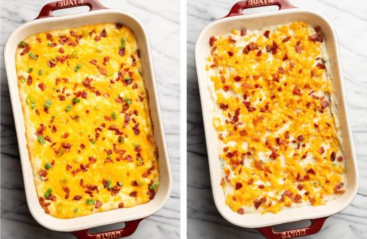 Reichhaltiger Kartoffelpüree-Auflauf 6 loaded mashed potato casserole before and after baking