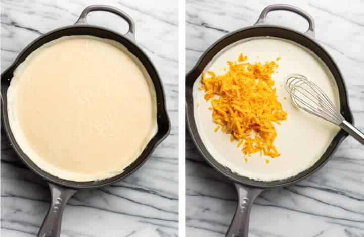 Käse-Hähnchen Divan 6 stirring cheddar cheese into the sauce in a skillet
