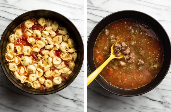 Italienische Salsiccia-Tortellini-Suppe 6 Letzte Schritte zur Zubereitung einer cremigen Wurst-Tortellini-Suppe: Zugabe von Sahne, Tortellini und Wurstbrät