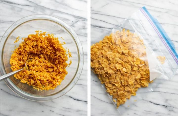 Beerdigungskartoffeln 6 Ziploc-Beutel mit Cornflakes und eine Glasschüssel mit zerstoßenen Cornflakes, die mit Butter vermischt werden