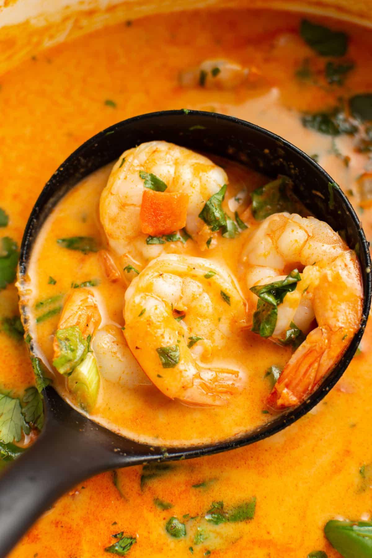 Einfaches Thai-Garnelen-Curry 6 Nahaufnahme einer Schöpfkelle mit Thai Garnelen Curry