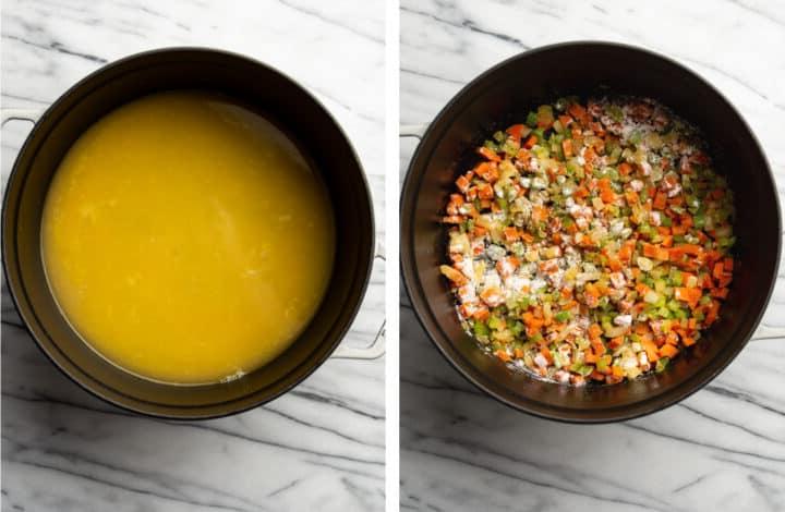 Hühnerbrühe in einen Bräter für Mais-Chowder geben