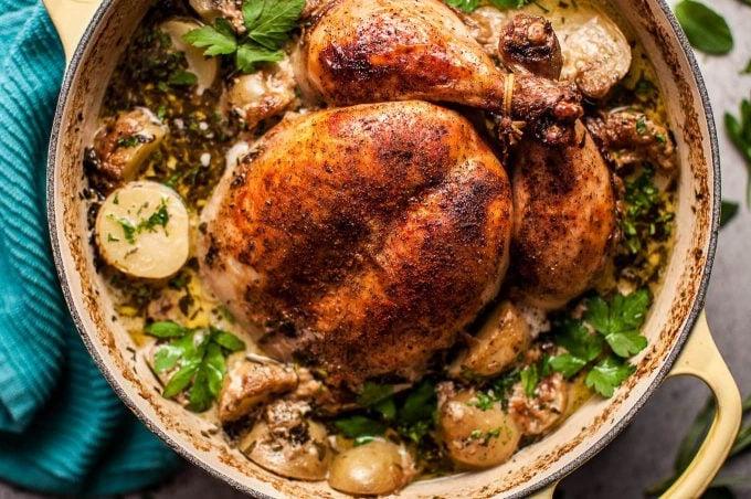 close-up of whole creamy herb and lemon chicken 