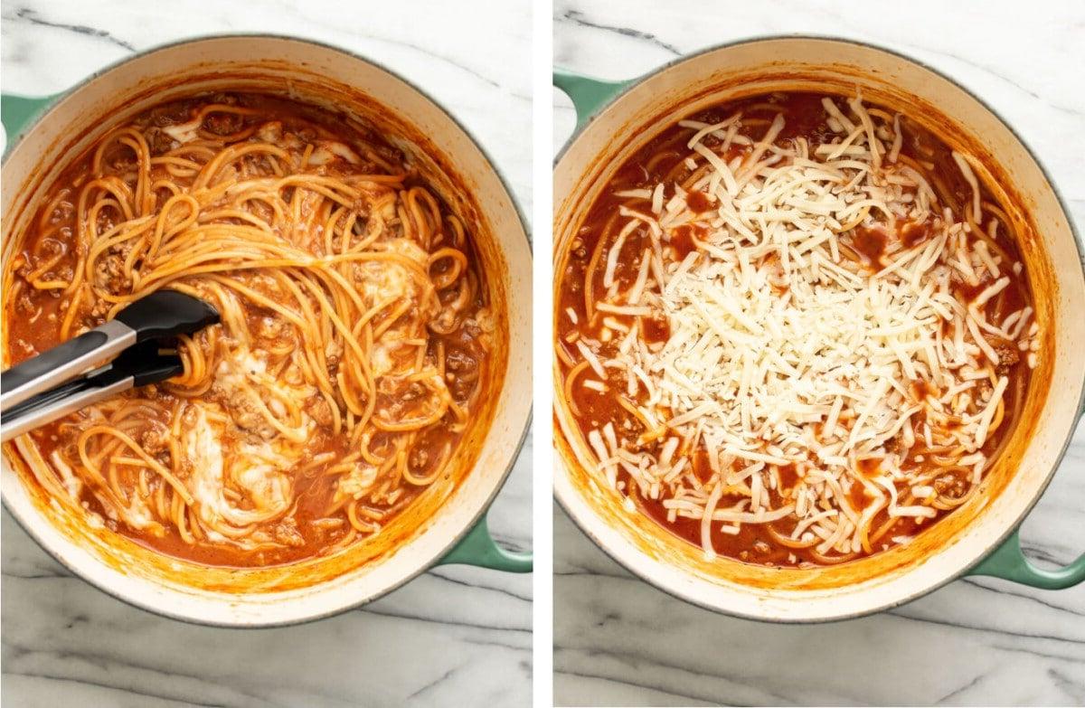 Mozzarella in One-Pot Spaghetti geben und mit Zange umrühren