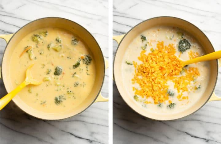 Leichte Brokkoli-Cheddar-Suppe 7 Cheddar-Käse zur Brokkoli Cheddar Suppe geben und köcheln lassen