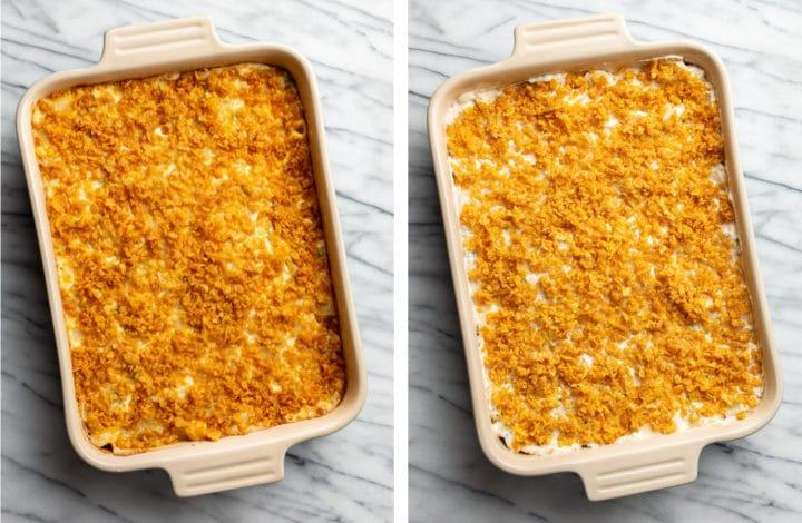 Beerdigungskartoffeln 7 Funeral Potatoes in einer Auflaufform vor und nach dem Backen