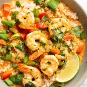 Einfaches Thai-Garnelen-Curry 7 Eine Schale mit Thai Garnelen Curry über Reis mit einer Limettenspalte