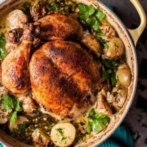 This creamy lemon and herb pot roasted whole chicken is simple to make, decadent, and bursting with fresh flavors. The addition of little potatoes makes it a fantastic one pot meal that makes great leftovers!
