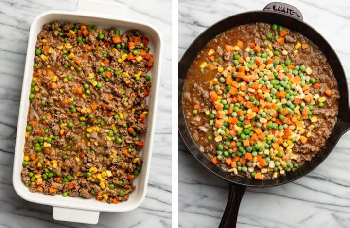 Rinderhackfleisch- und Gemüsemischung in eine Auflaufform für Shepherd's Pie geben