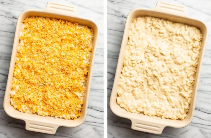 Gebackener Makkaroni-Käse-Auflauf 7 Makkaroni und eine Käseschicht in eine Auflaufform geben