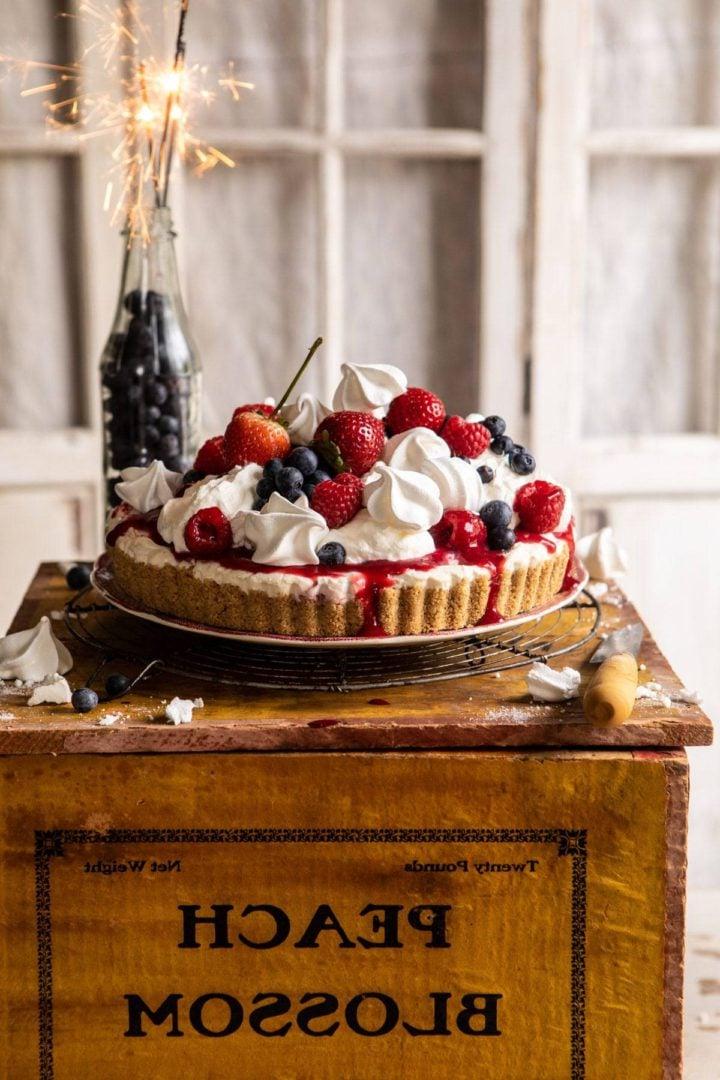 no bake eton mess cheesecake with red white and blue berries