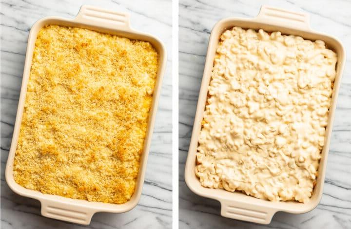 Gebackener Makkaroni-Käse-Auflauf 8 Eine weitere Schicht Mac and Cheese und Semmelbrösel-Topping in eine Auflaufform geben