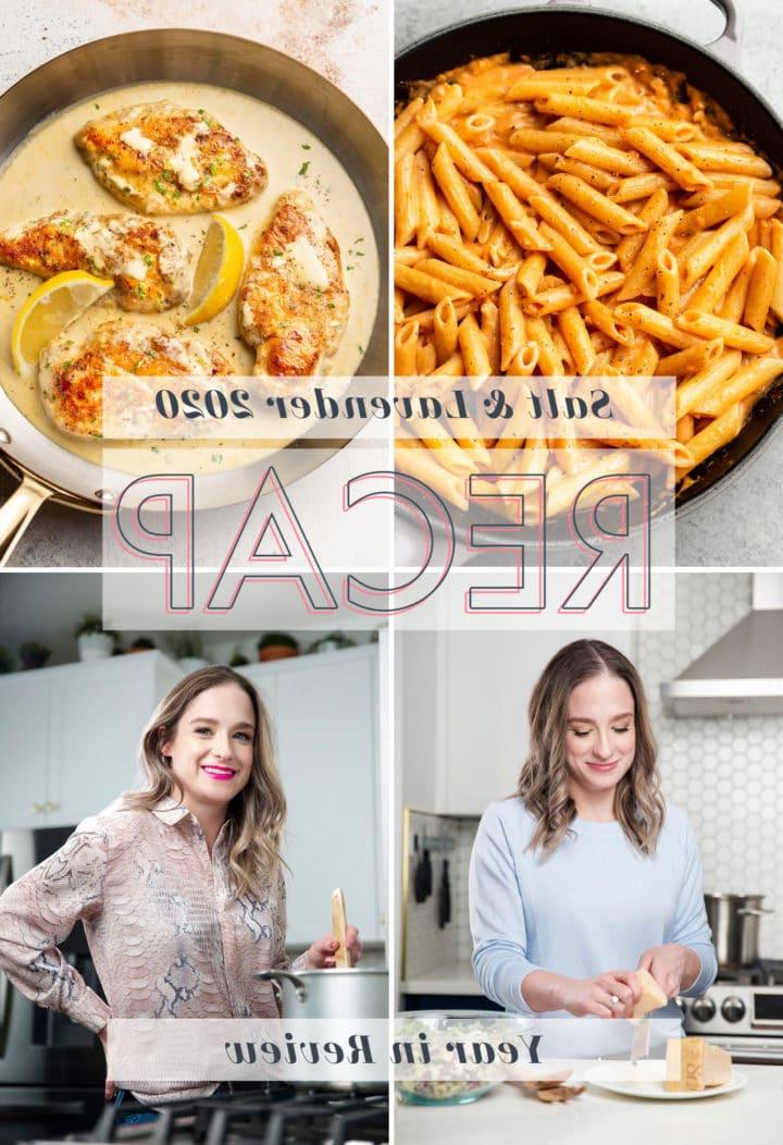 Collage für den Salt & Lavender Jahresrückblick 2020 (zwei Fotos von Natasha in der Küche, ein Foto von Pasta und ein Foto von Hähnchen)