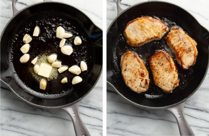 Cremige Knoblauch-Schweinekoteletts 4 Schweinekoteletts in einer Pfanne anbraten und Knoblauch braten