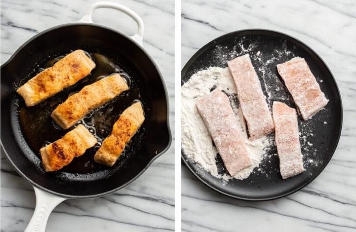 Cremiger Zitronen-Lachs 4 Lachs in Mehl wenden und in einer Pfanne anbraten