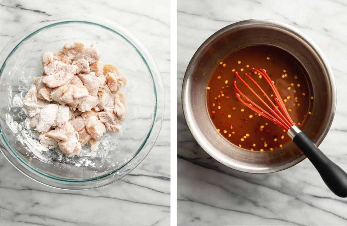 Feuriges Hähnchen 4 Firecracker Soße in einer Schale verquirlen und Hähnchen mit Maisstärke vermengen