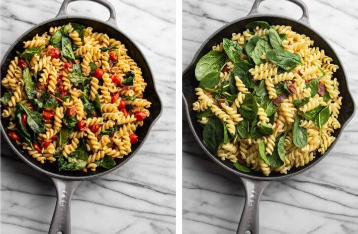 Einfache BLT Pasta 4 Gekochte Pasta und Spinat zur Pfanne hinzufügen