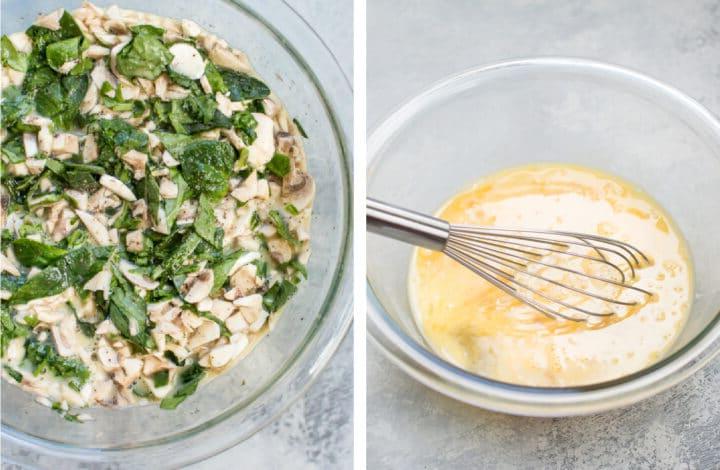 Gesunde Frühstücks-Eier-Muffins 4 mixing eggs with spinach and mushrooms in a bowl