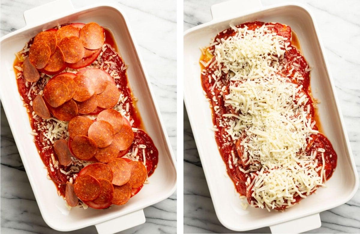 Pizza Hähnchen 5 Mozzarella zu einer Auflaufform mit Hähnchen hinzufügen, dann mit Tomaten und Pepperoni belegen