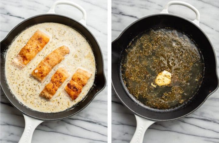 Cremiger Zitronen-Lachs 5 Cremige Zitronensoße für Lachs in einer Pfanne zubereiten