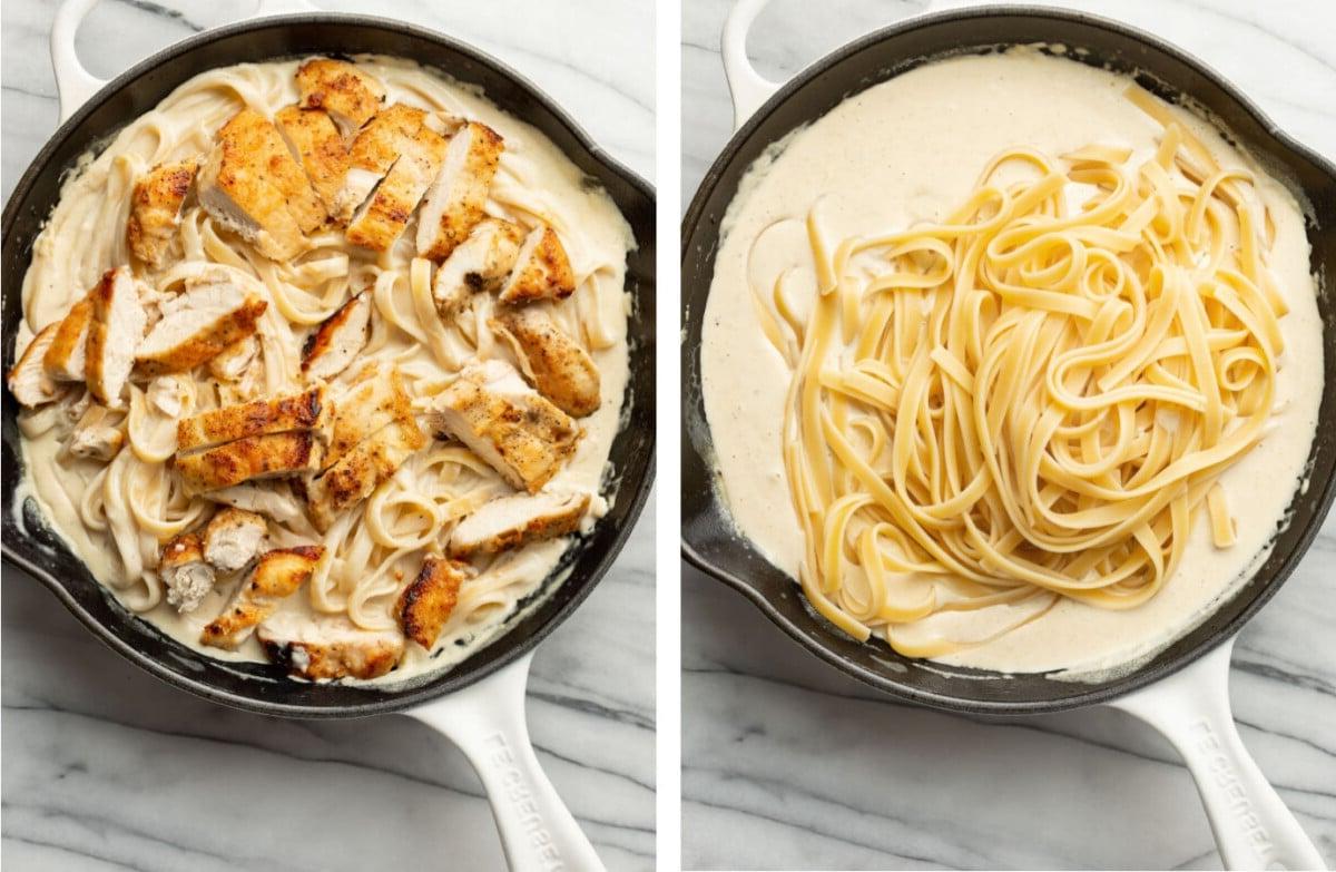Hähnchen Fettuccine Alfredo 5 Fettuccine-Nudeln in einer Pfanne mit Alfredo-Sauce werfen und gebratenes Hähnchen hinzufügen