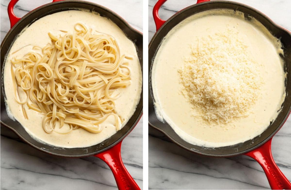 Cajun-Alfredo-Soße 5 Parmesan zu einer Pfanne mit Cajun Alfredo Soße geben und mit Fettuccine vermischen