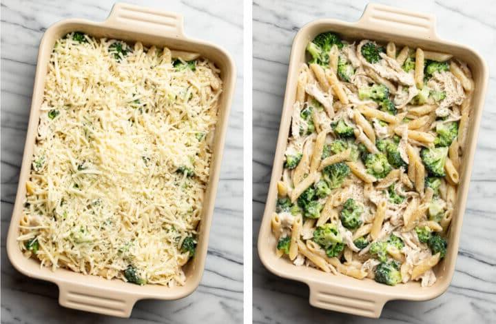 Hähnchen- und Brokkoli-Alfredo-Auflauf 5 Hähnchen-Brokkoli-Auflauf mit Mozzarella belegen