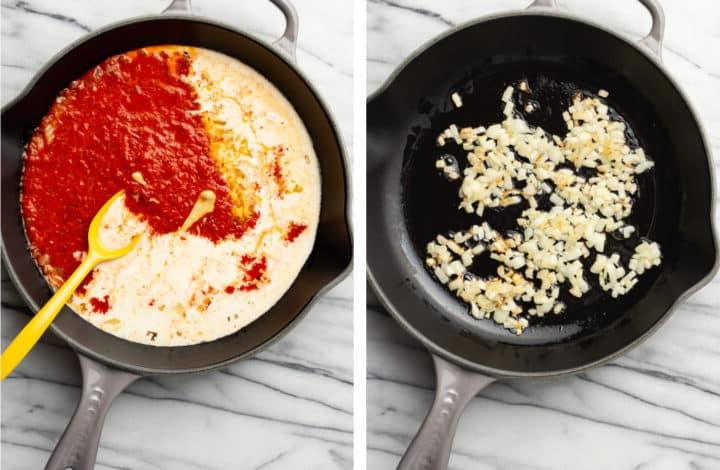 Cremige Pasta mit gerösteter roter Paprika 5 Zwiebel in einer Pfanne anbraten und geröstete Paprika Sauce für Pasta zubereiten