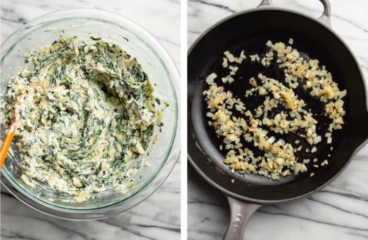 Heißer Spinat-Artischocken-Dip 5 Zwiebel und Knoblauch in einer Pfanne anbraten und in eine Glasschüssel geben