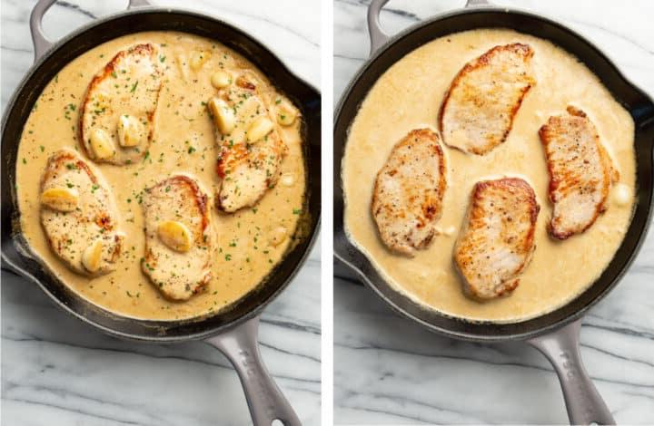 Cremige Knoblauch-Schweinekoteletts 6 Schweinefleisch in eine Pfanne mit cremiger Knoblauch-Schweinefleischsauce geben und mit gehackter Petersilie bestreuen
