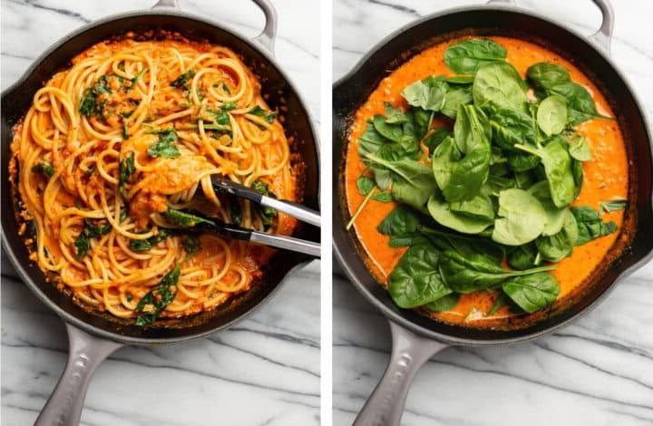 Cremige Pasta mit gerösteter roter Paprika 6 Pasta in einer Pfanne mit Spinat und roter Paprikasauce vermengen