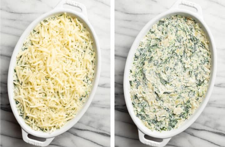 Heißer Spinat-Artischocken-Dip 6 Spinat-Artischocken-Dip mit Mozzarella bestreuen