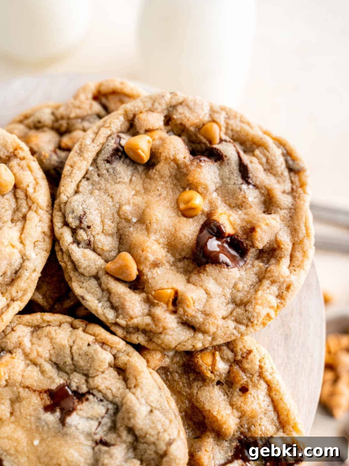 Irresistible Chocolate Butterscotch Chip Cookies 2 Close up of chocolate butterscotch chip cookies with flaky salt.