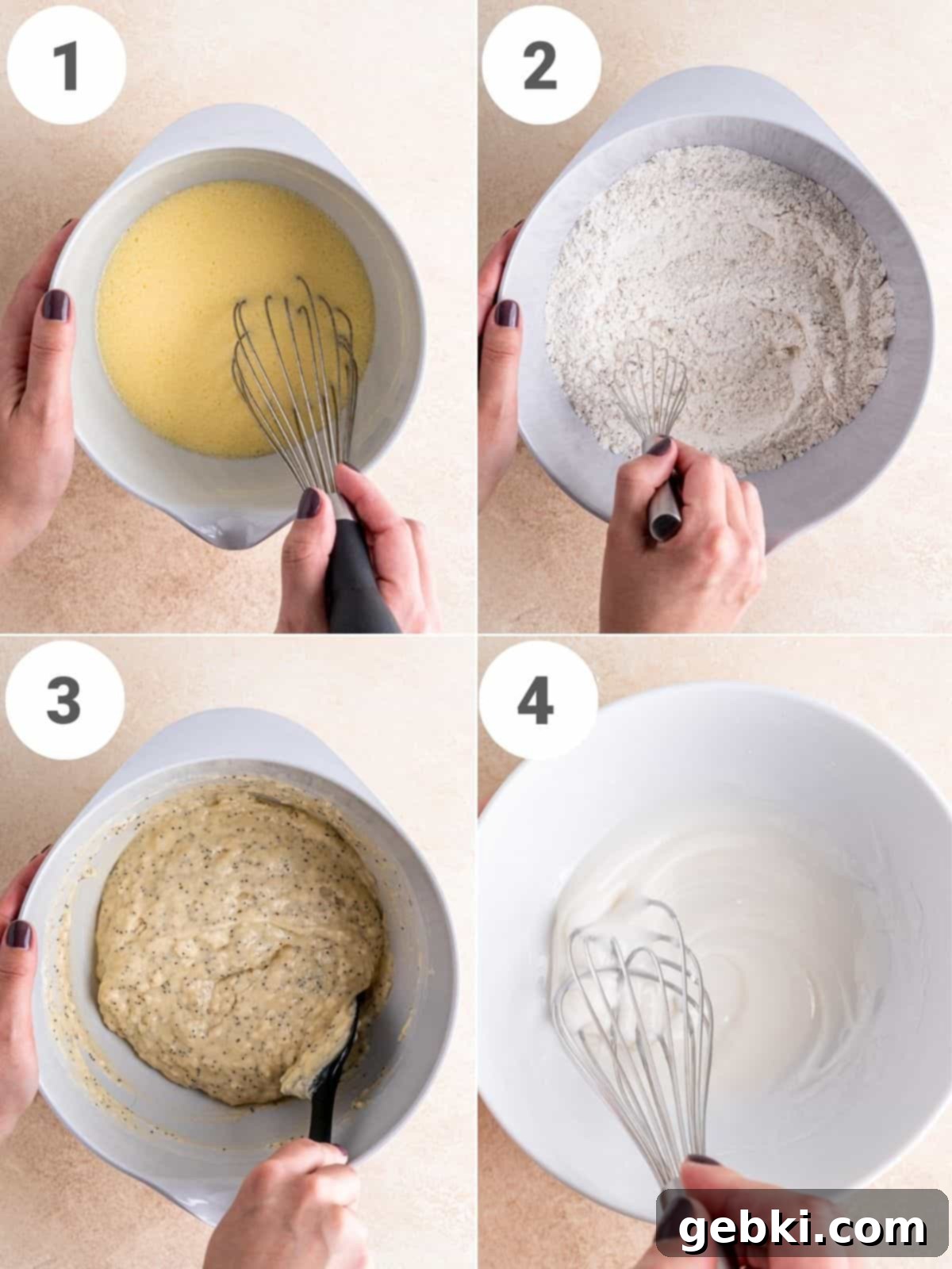 Irresistible Almond Poppy Seed Muffins 4 Collage showing how to combine wet and dry ingredients for almond poppy seed muffin batter.