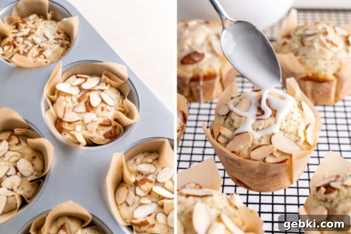 Irresistible Almond Poppy Seed Muffins 5 Collage showing unbaked muffin batter in a pan with almonds and drizzling glaze on a baked muffin.