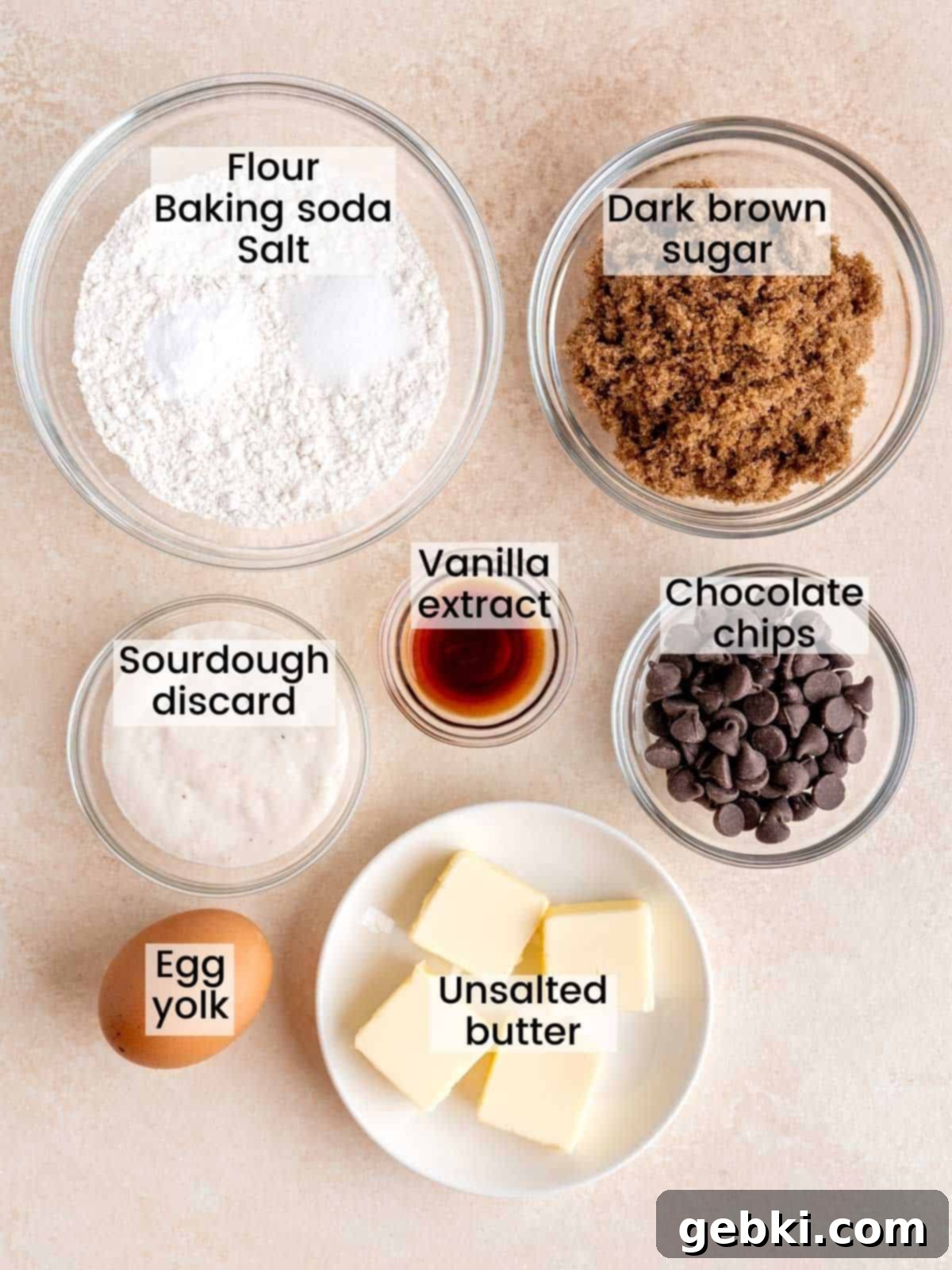 Ingredients needed to make sourdough discard chocolate chip cookies.