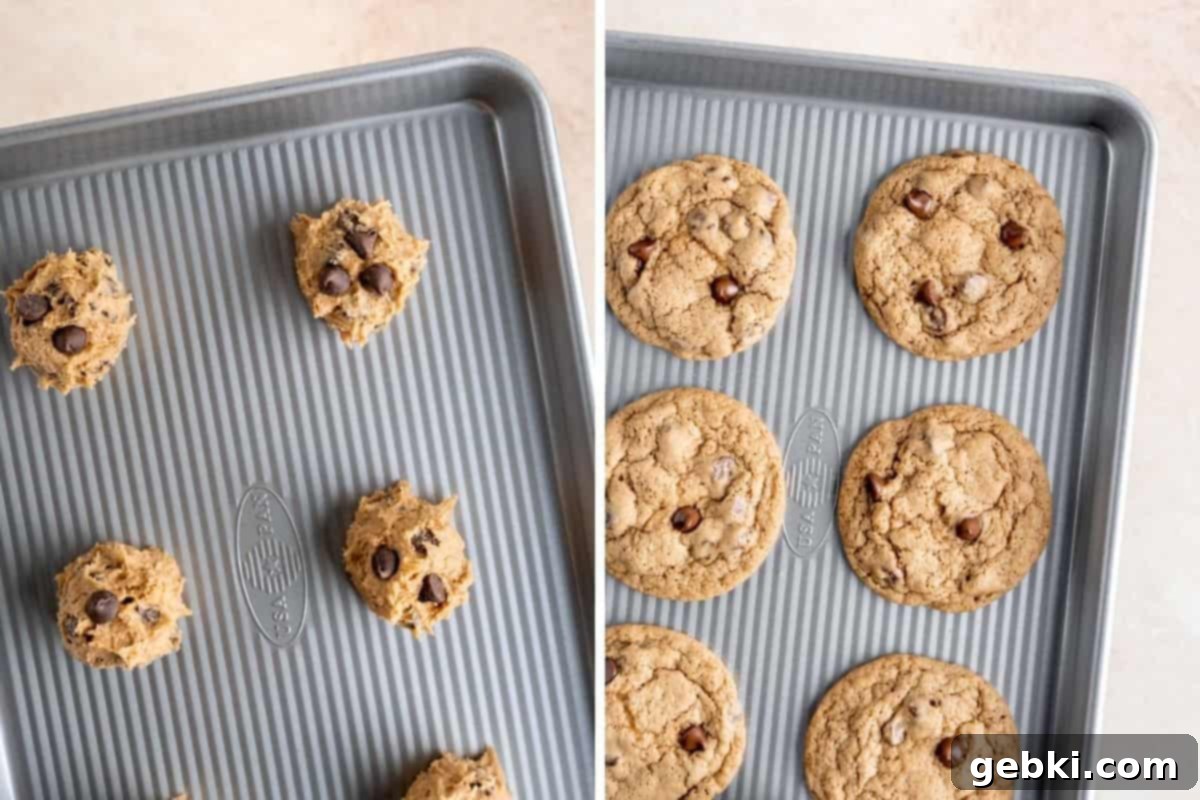 2 photo collage showing unbaked and then baked chocolate chip cookies on a baking sheet.