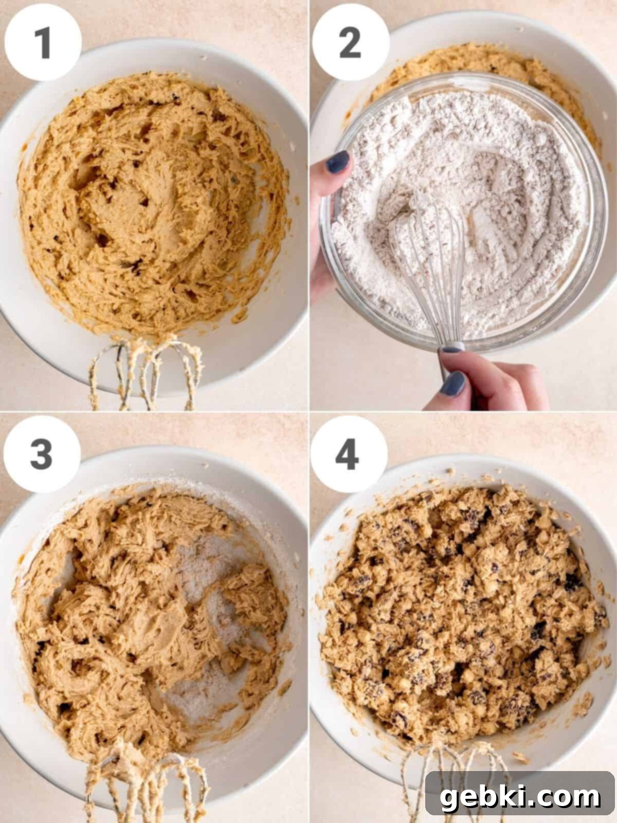 A collage of four sequential photos demonstrating how to prepare the oatmeal craisin cookie dough, from creaming butter and sugar to mixing in oats, craisins, and white chocolate chips.