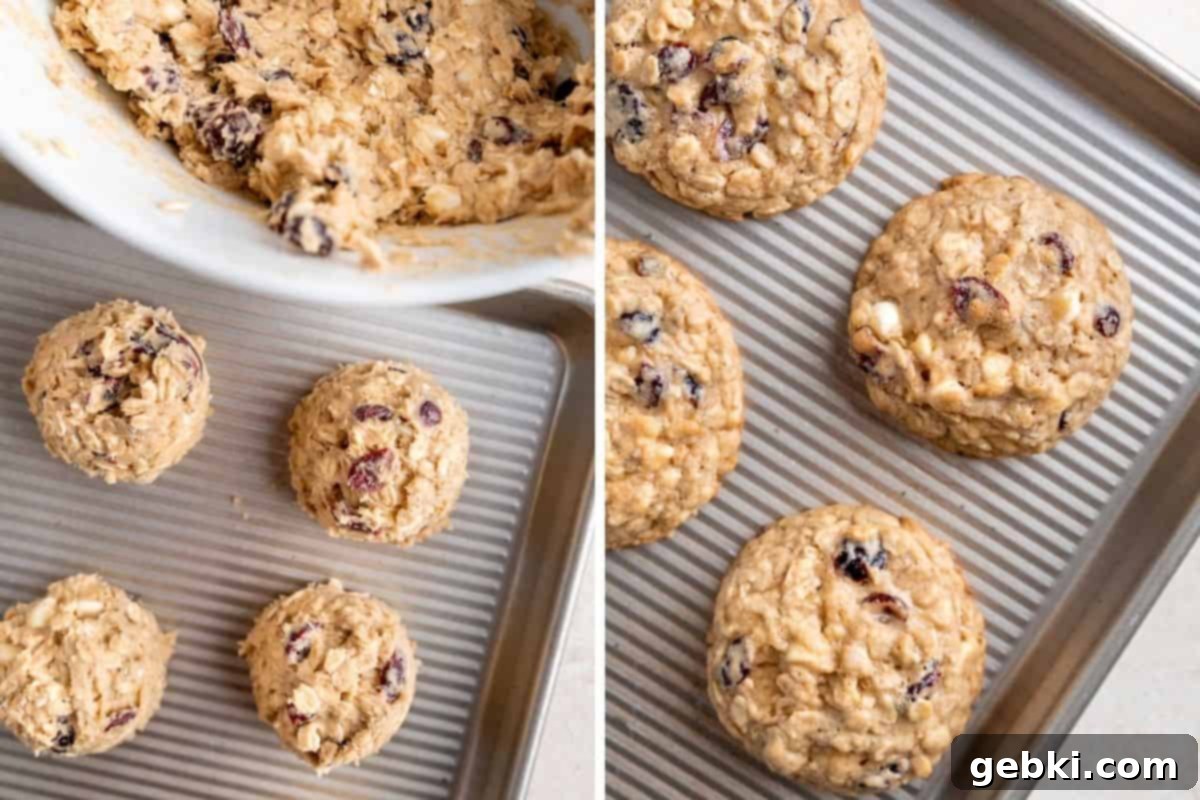 A two-photo collage comparing raw, scooped oatmeal craisin white chocolate chip cookie dough on a baking sheet with a tray of golden brown, freshly baked cookies.