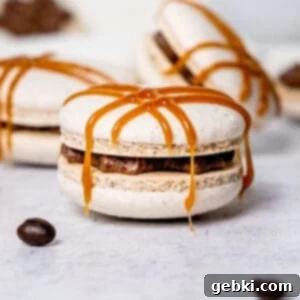 Dirty Chai Macarons stacked, drizzled with caramel