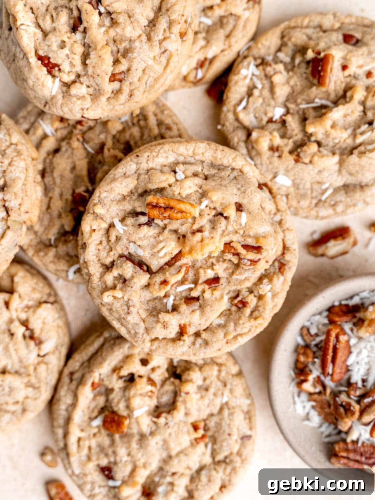 Top view of coconut pecan cookies.