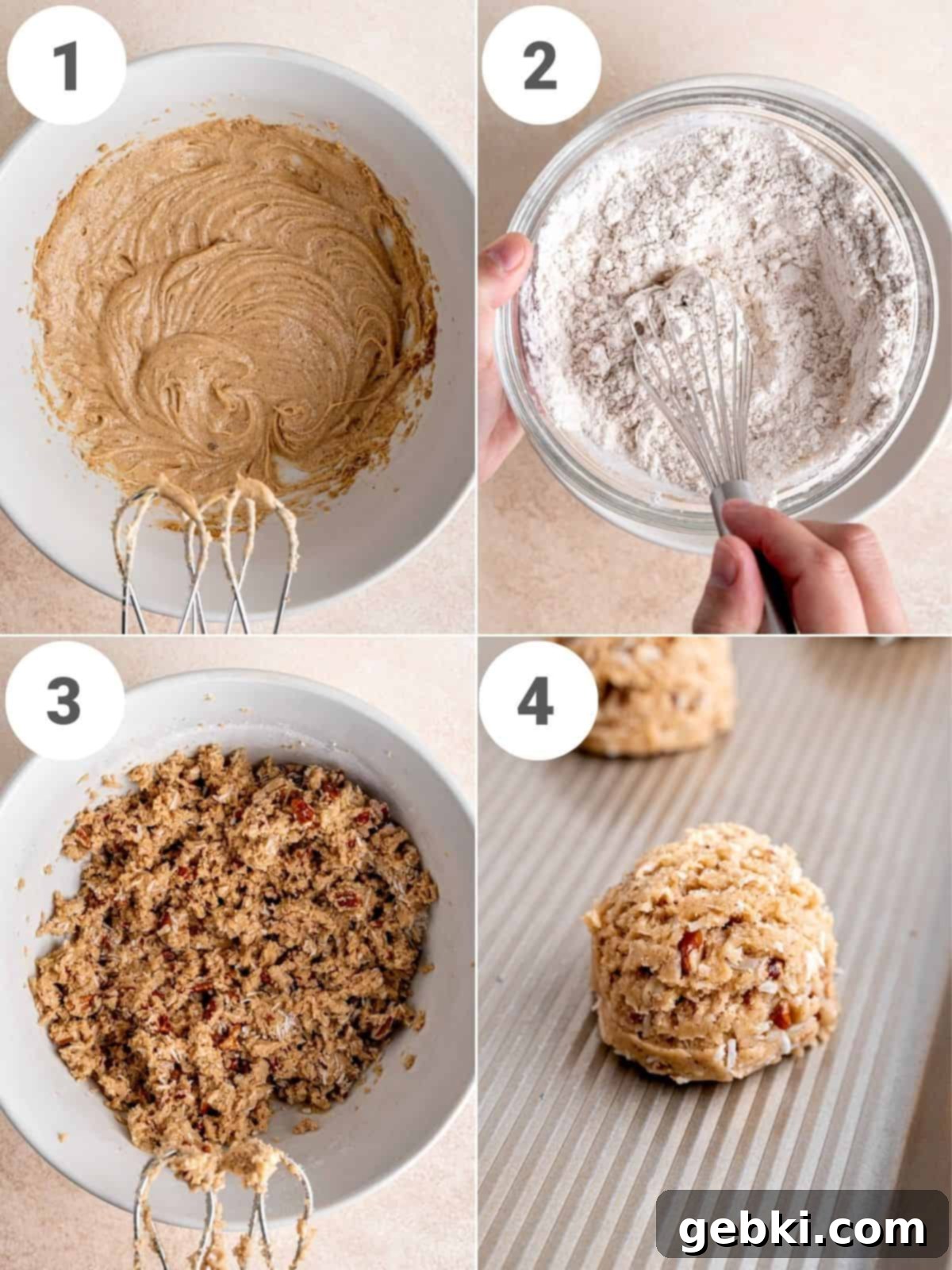 A 4-photo collage showing how to make coconut cookies with pecans.