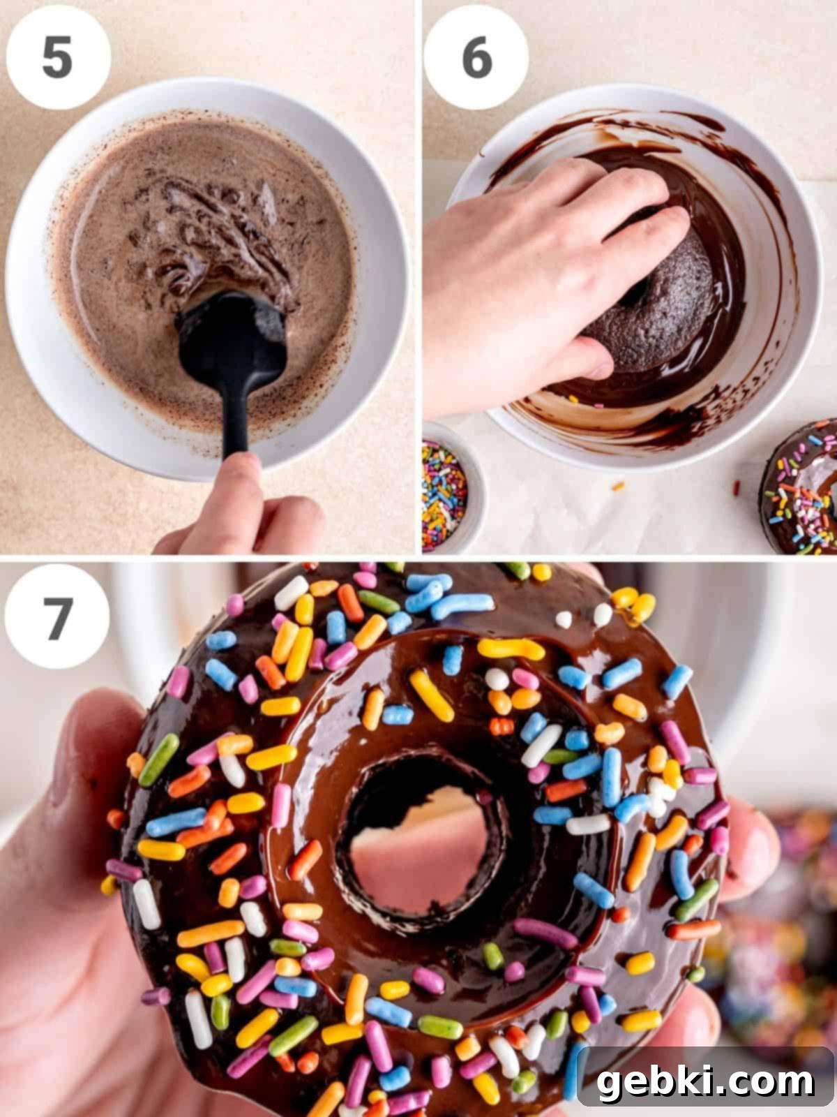 A 3-photo collage showing how to make chocolate ganache, dip chocolate donuts in it and top them with sprinkles.
