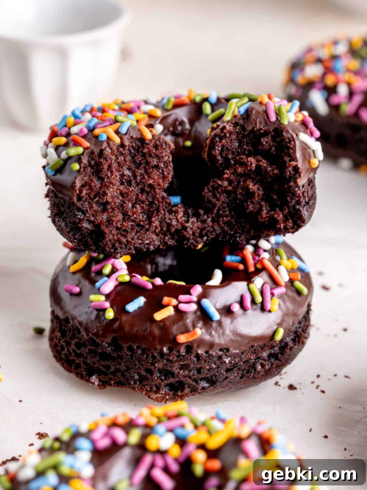 Half of a chocolate donut with sprinkles stacked on top of a whole one.
