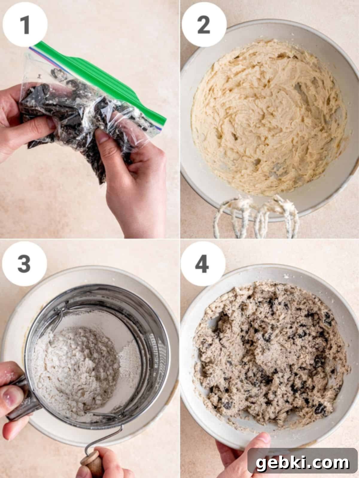 No-Bake Cookies and Cream Cookie Dough 4 A 4-photo collage showing how to make edible cookie dough with Oreos.
