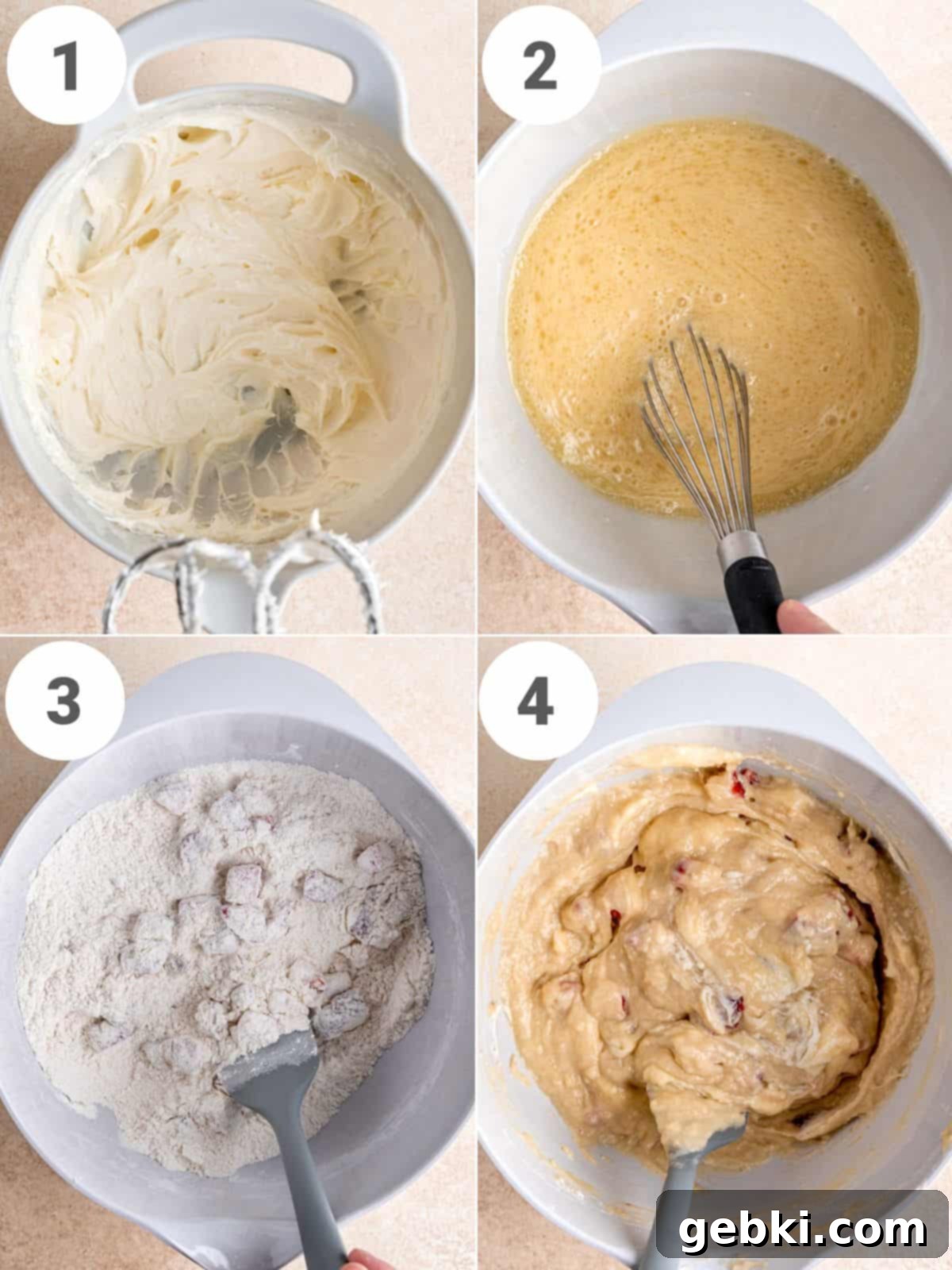 Luscious Strawberry Cream Cheese Muffins 4 A 4-photo collage showing the initial steps to make strawberry cheesecake muffins, from beating cream cheese to mixing wet and dry ingredients.