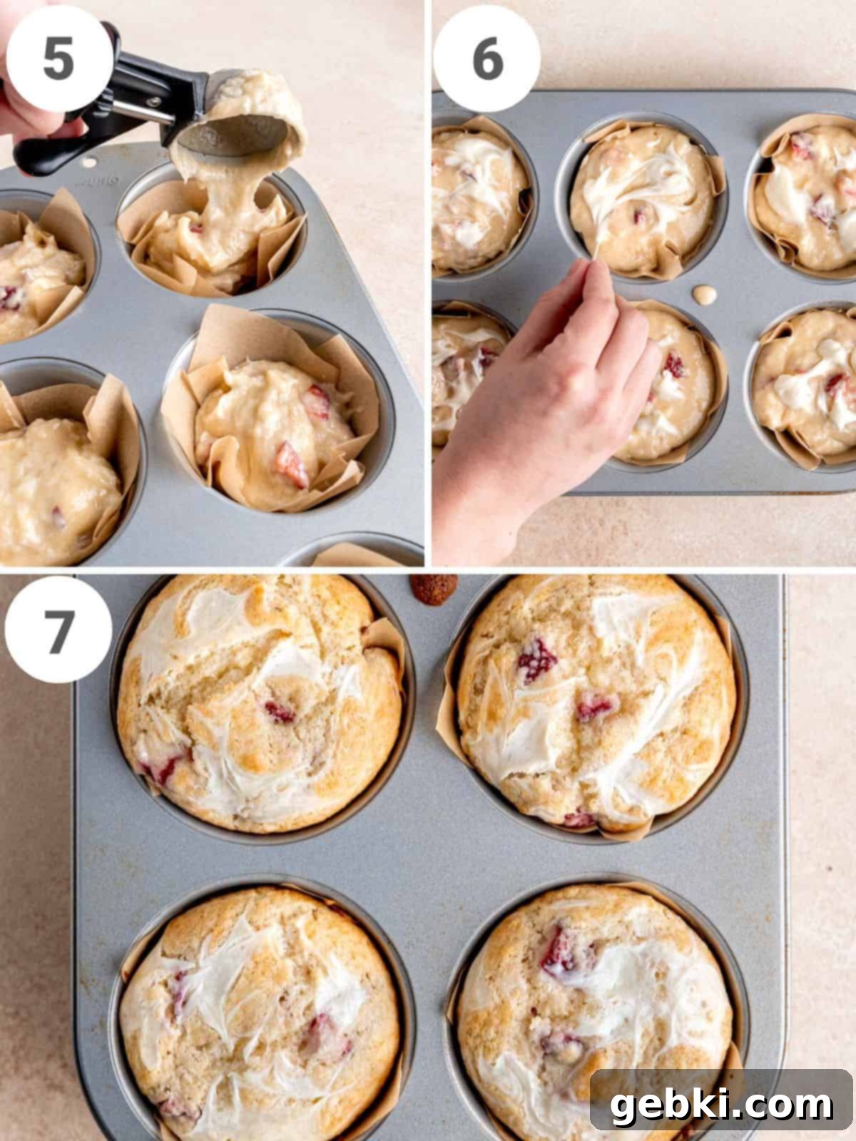 Luscious Strawberry Cream Cheese Muffins 5 A 3-photo collage showing the final steps of preparing muffins, from filling the tin to the finished baked product.