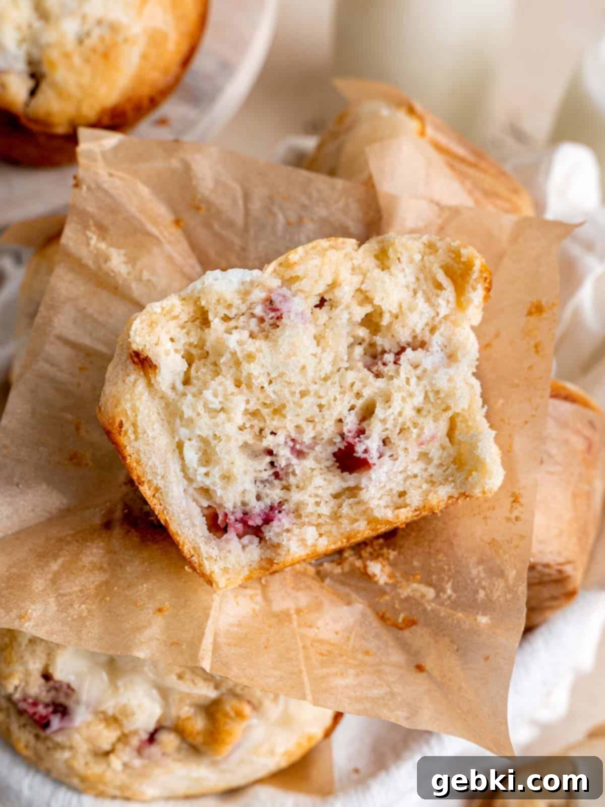 Luscious Strawberry Cream Cheese Muffins 6 Half of a strawberry cream cheese muffin showing the fluffy, moist inside with strawberry pieces and cream cheese swirls.