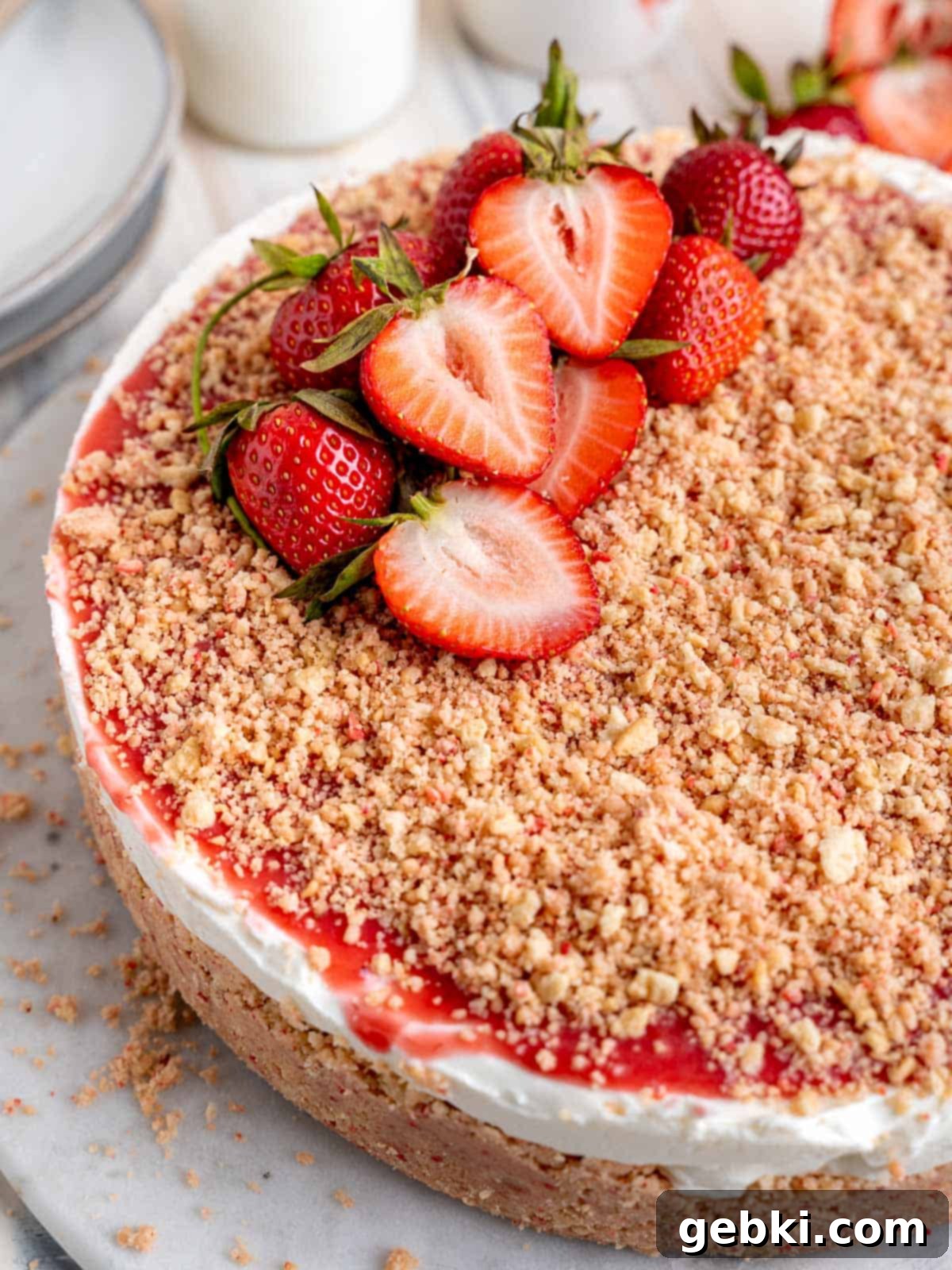 No Bake Strawberry Crunch Cheesecake 11 Assembled no-bake cheesecake with strawberry sauce and golden Oreos, ready for the crunch topping.