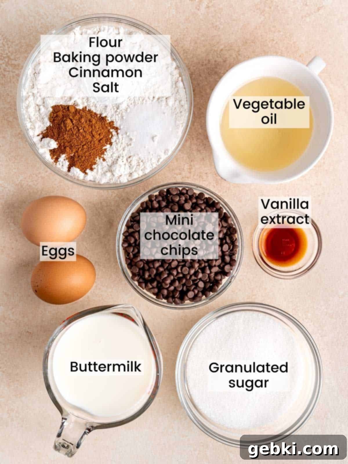 Ingredients needed to make cinnamon chocolate chip muffins.